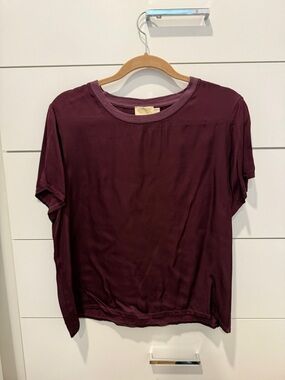 Nation Marie boxy Satin T with knit neckline. Crew Neck Top - Deep Plum